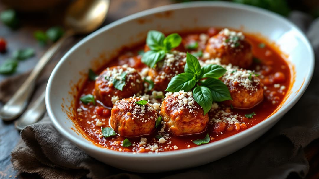 Polpette braised in tomato sauce with basil