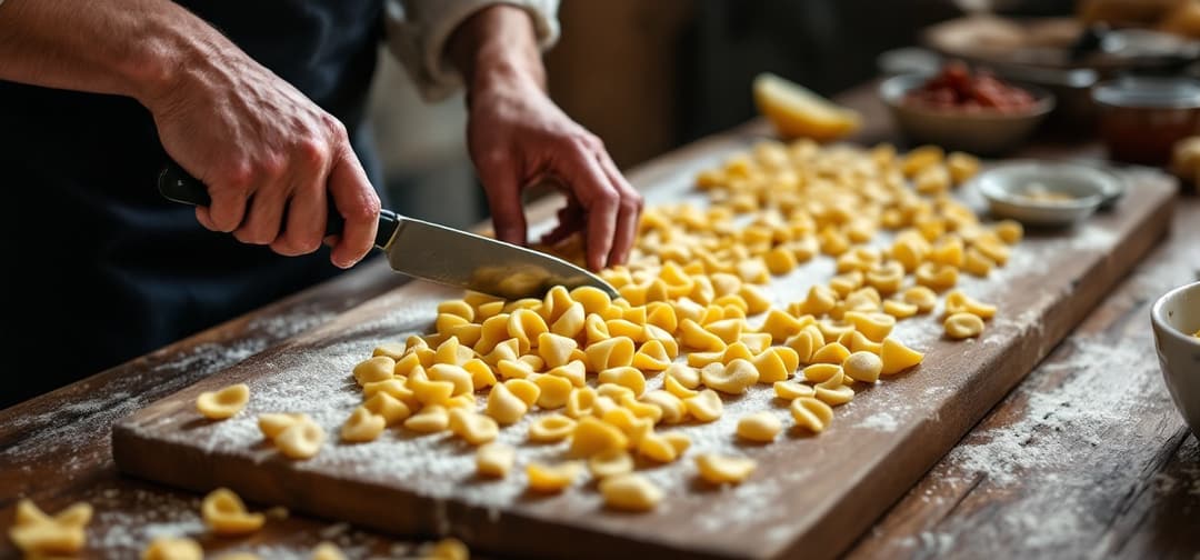 Hands shaping orecchiette on a wooden board