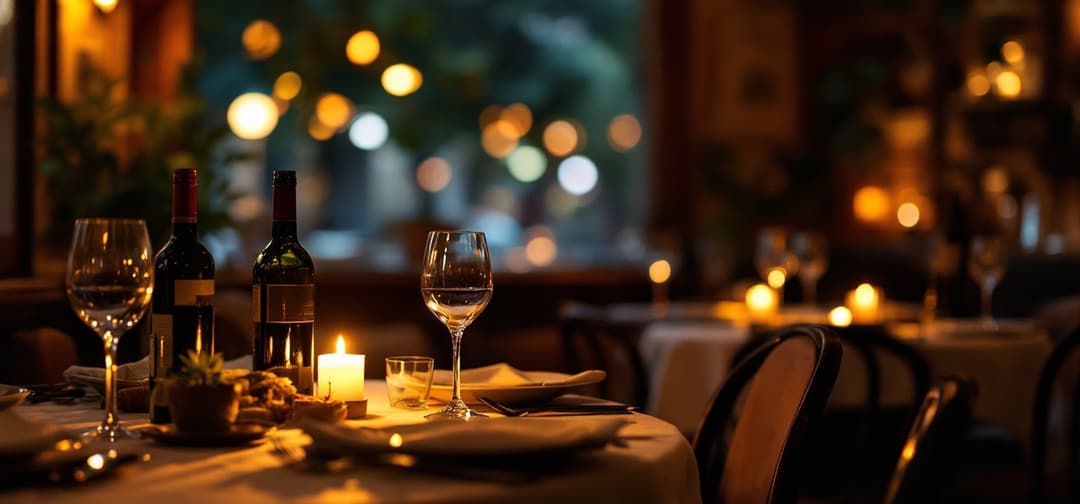Candlelit tables in the dining room