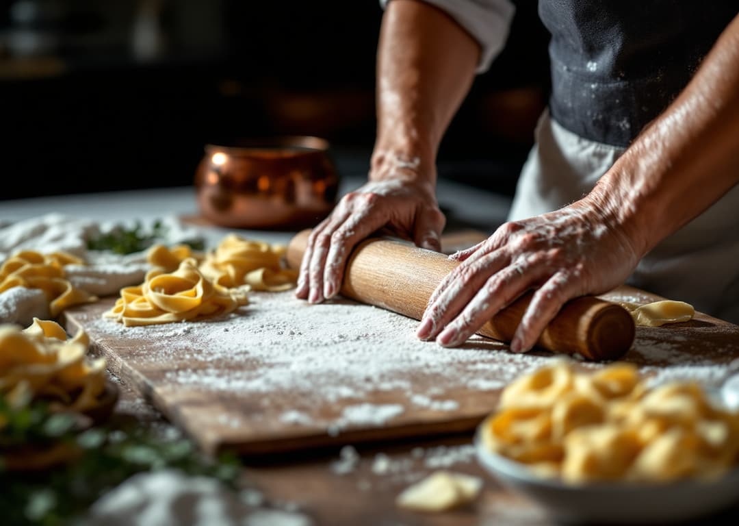 Fresh pasta being rolled by hand on a floured wooden board