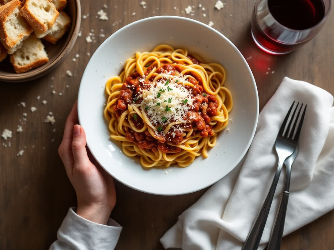 Tagliatelle al ragù in a white bowl