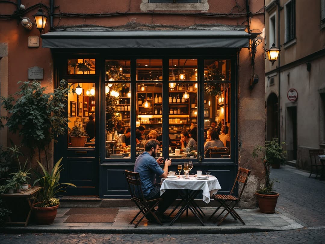 The osteria's front windows open onto the street